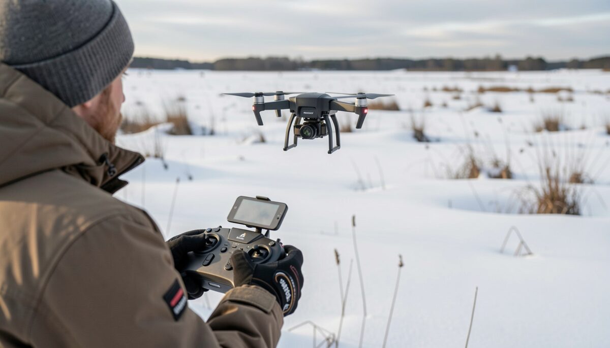 Petit drone quadrirotor en vol au-dessus d'un marais enneigé, avec un pilote en tenue d'hiver tenant une radiocommande. Image d'illustration, générée par IA.