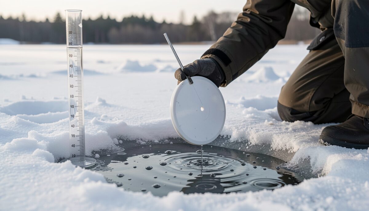 Un scientifique descend un disque de Secchi blanc à travers un trou dans la glace du lac, avec un tube gradué transparent posé sur la neige à proximité. Image illustrative, générée par IA.