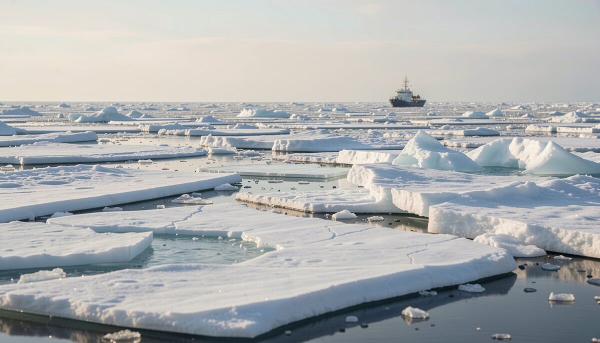 Vue large de floes de glace de mer brisés sous un ciel pâle, avec un petit navire de recherche au loin. Image illustrative, générée avec IA.