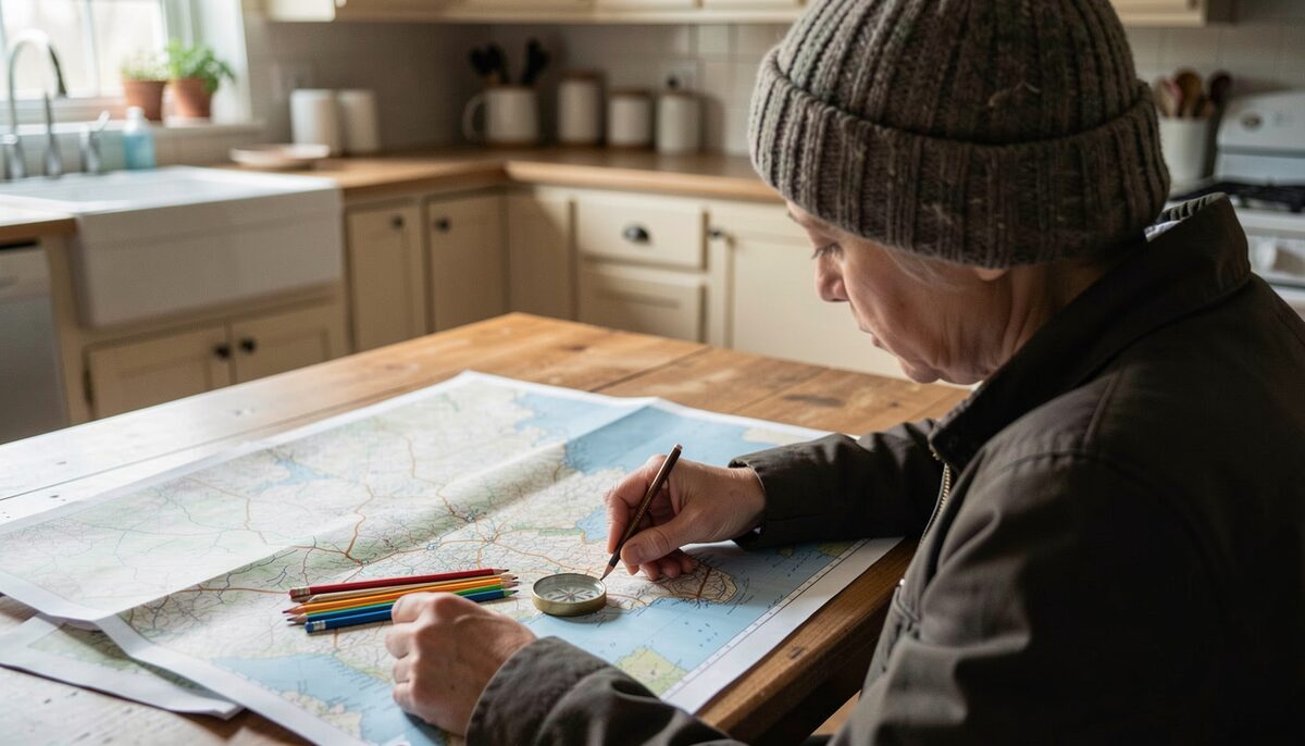 Personne en bonnet de laine étudiant une grande carte papier sur une table de cuisine, avec crayons de couleur et boussole posés dessus. Image illustrative, générée par IA.