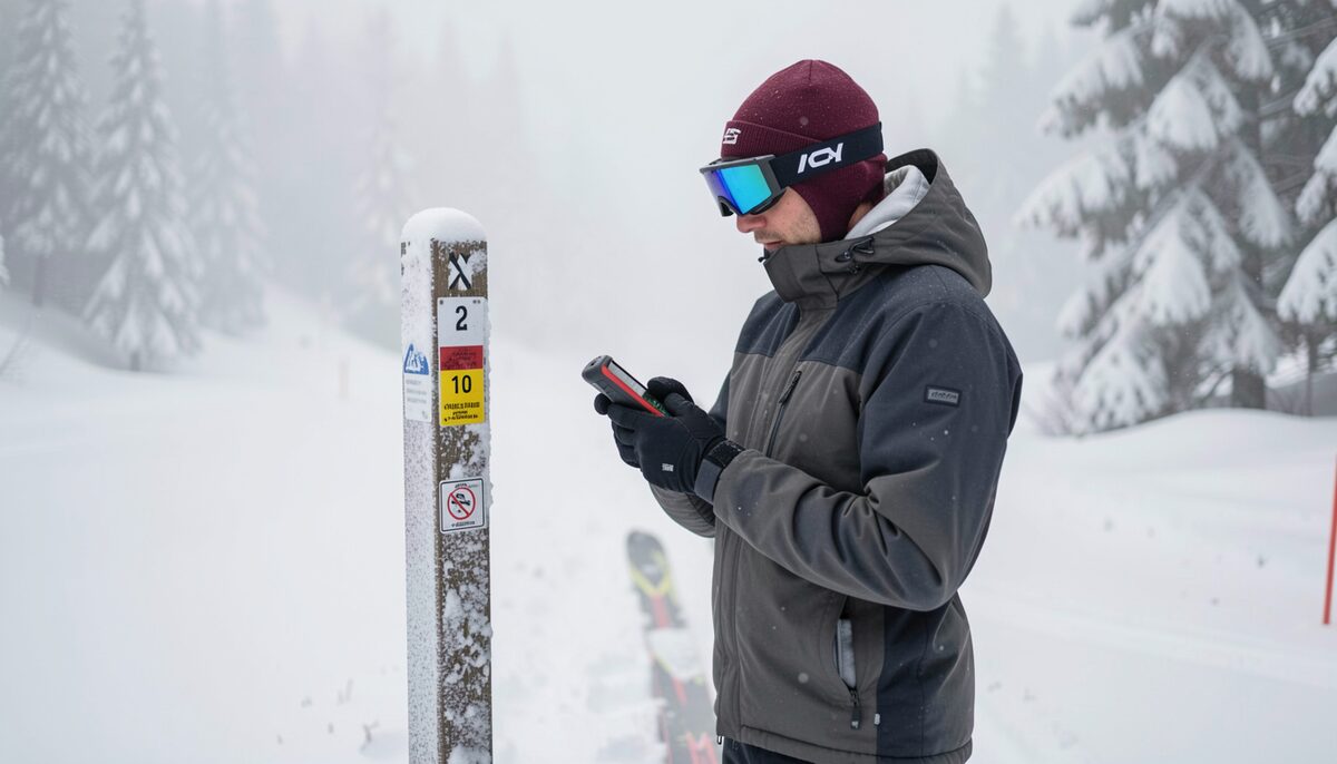 Skieur en conditions de whiteout vérifiant un GPS portatif à côté d'un poteau de balise enneigé. Image illustrative, générée par IA.