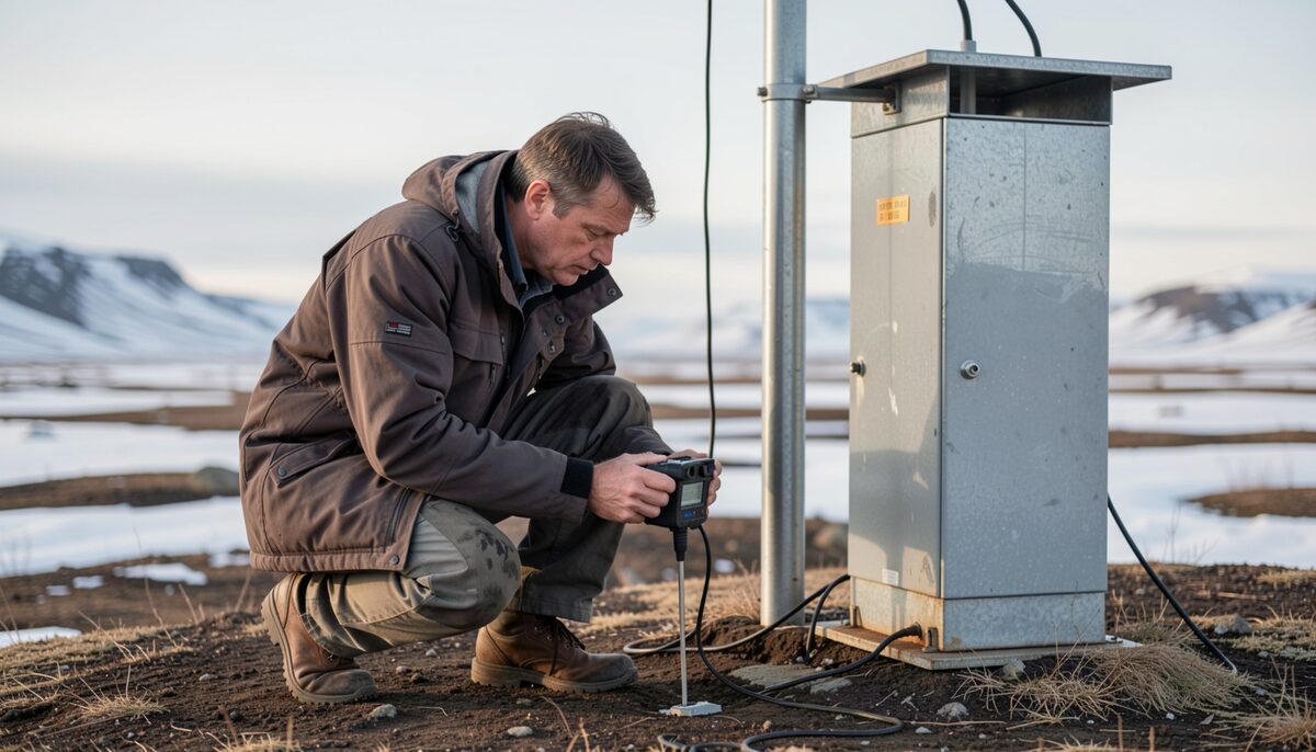 Scientifique en veste de terrain mesurant la température du sol avec une sonde portable près d'une station de suivi métallique sur la toundra. Image illustrative, générée avec IA.