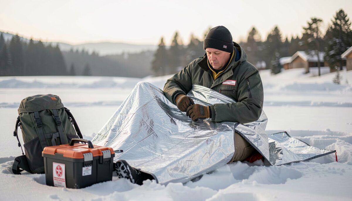 Secouriste enveloppant une personne assise dans la neige avec une couverture de survie, sac à dos et trousse de premiers secours à proximité. Image d'illustration, générée par IA.