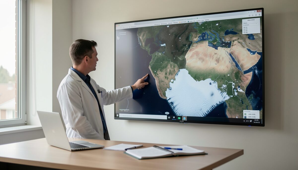 Scientifique devant un écran mural affichant une carte satellite de la glace de mer polaire. Image illustrative, générée avec IA.
